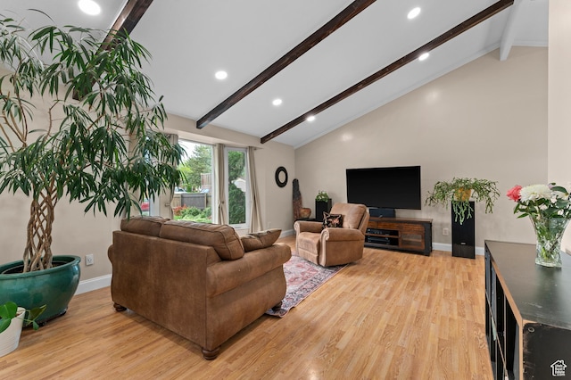 1616 E Waters Ln, Sandy, UT 84093 - living area with beam ceiling, light wood-style flooring, recessed lighting, baseboards, and high vaulted ceiling