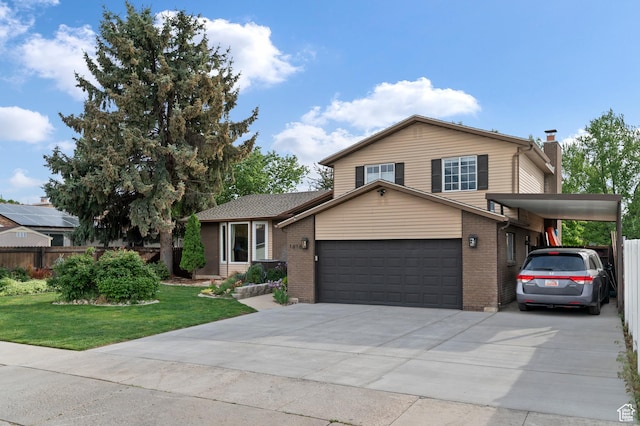1616 E Waters Ln, Sandy, UT 84093 - tri-level home with brick siding, an attached garage, a chimney, and driveway