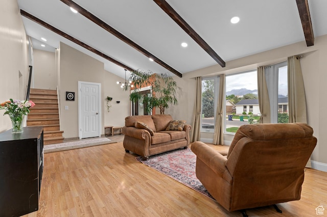 1616 E Waters Ln, Sandy, UT 84093 - living room featuring beam ceiling, stairs, light wood-style floors, high vaulted ceiling, and recessed lighting