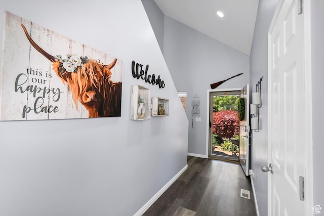 1038 N Plaza Dr, Richfield, UT 84701 - foyer with wood finished floors, baseboards, high vaulted ceiling, and recessed lighting