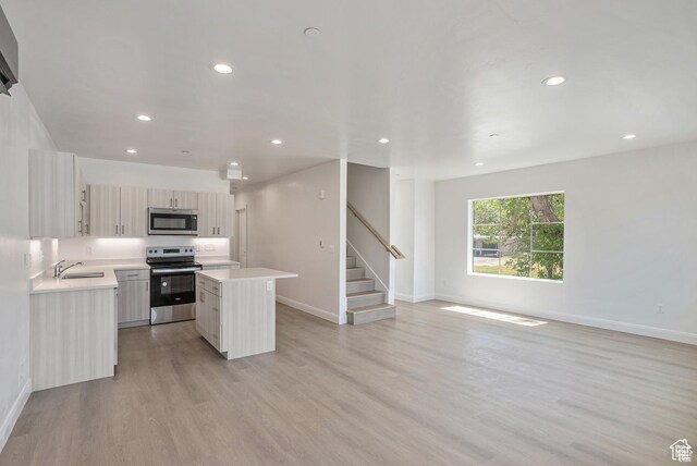 321 E 2100 S Unit 4, Salt Lake City, UT 84115 - kitchen with appliances with stainless steel finishes, a sink, light countertops, a center island, and recessed lighting