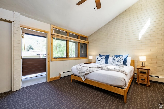 1672 Captain Molly Dr Unit 330, Park City, UT 84060 - bedroom featuring a baseboard heating unit, vaulted ceiling, carpet floors, brick wall, and a ceiling fan