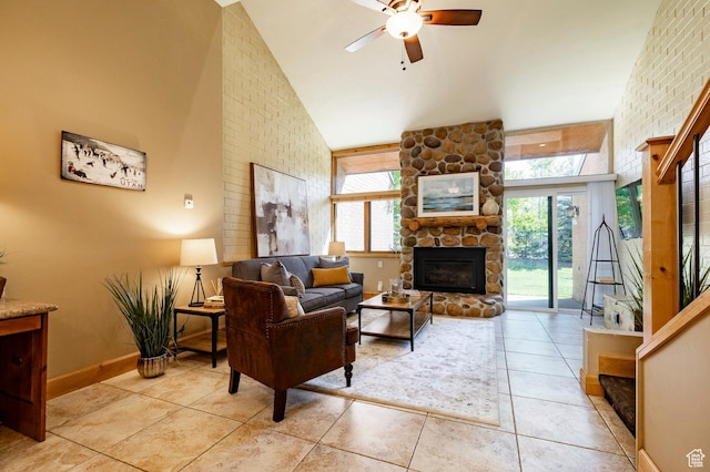 1672 Captain Molly Dr Unit 330, Park City, UT 84060 - living area with high vaulted ceiling, light tile patterned flooring, ceiling fan, a fireplace, and baseboards