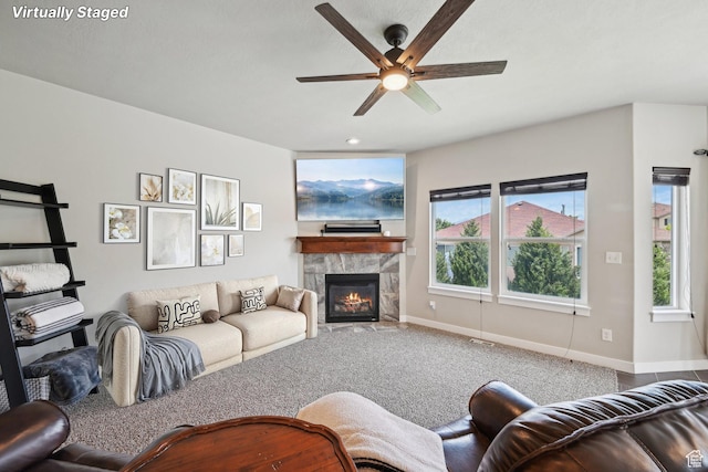 14499 S River Chase Rd, Herriman, UT 84096 - living area featuring ceiling fan, baseboards, a tile fireplace, carpet floors, and recessed lighting