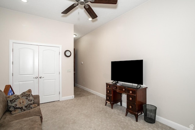 814 N High Ground Dr, Dammeron Valley, UT 84783 - living room featuring ceiling fan, light carpet, and baseboards