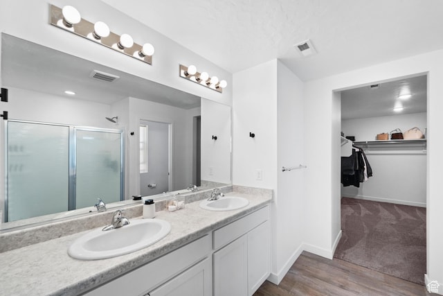 47 E Broxburn Way N, Tooele, UT 84074 - bathroom with a shower stall, double vanity, a spacious closet, and baseboards