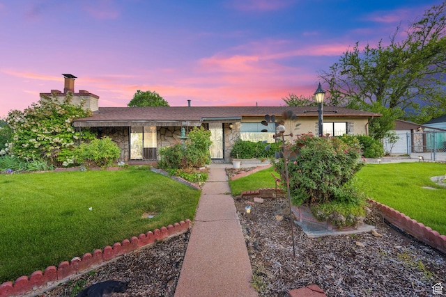 4655 W 4715 S, Salt Lake City, UT 84118 - ranch-style house with stone siding, a lawn, and a chimney