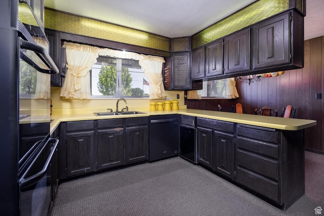 550 S 1500 W, Vernal, UT 84078 - kitchen with black appliances, dark carpet, a sink, light countertops, and a peninsula