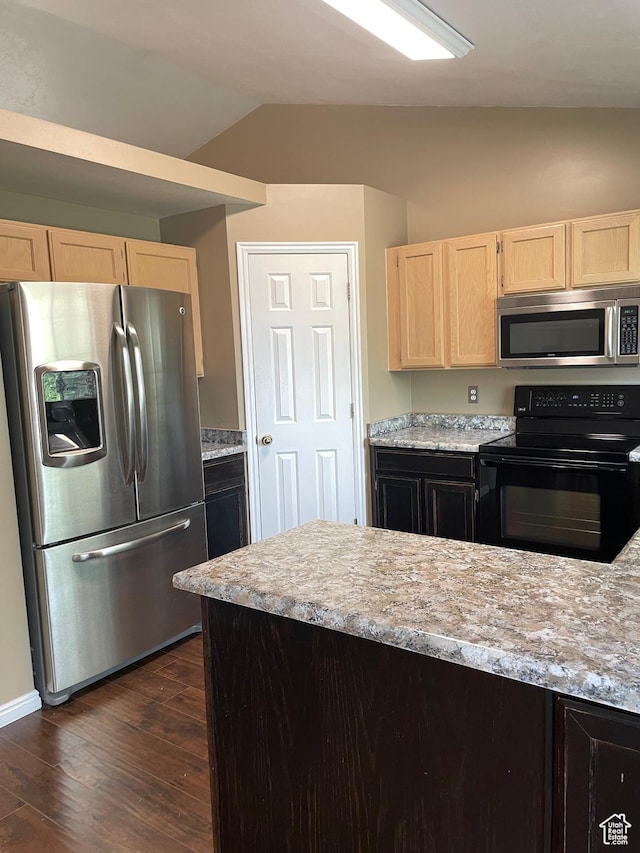 13778 S 2260 W, Riverton, UT 84065 - kitchen featuring appliances with stainless steel finishes, light brown cabinetry, vaulted ceiling, dark wood-style floors, and light stone countertops