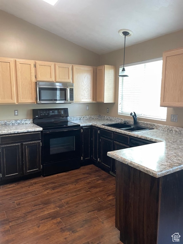 13778 S 2260 W, Riverton, UT 84065 - kitchen with stainless steel microwave, black range with electric cooktop, a sink, light brown cabinetry, and lofted ceiling