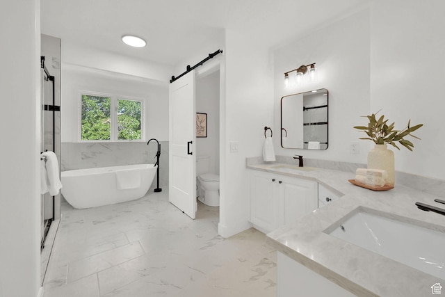 4781 Canterbury Rd, South Ogden, UT 84403 - bathroom featuring double vanity, marble finish flooring, toilet, and a soaking tub