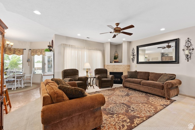 1374 E Big Pinion Ln, Apple Valley, UT 84737 - carpeted living area featuring ceiling fan, recessed lighting, baseboards, and a fireplace