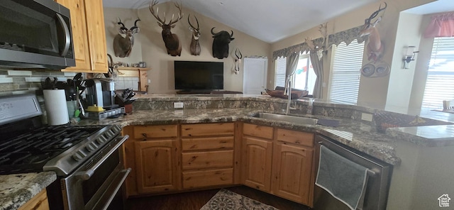 6897 S 4000 W, Benjamin, UT 84660 - kitchen with stainless steel appliances, plenty of natural light, stone countertops, vaulted ceiling, and decorative backsplash