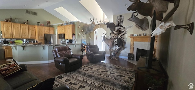 6897 S 4000 W, Benjamin, UT 84660 - living room with wood finished floors, vaulted ceiling, a skylight, and a fireplace