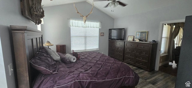 6897 S 4000 W, Benjamin, UT 84660 - bedroom with dark wood-style flooring, multiple windows, lofted ceiling, and ceiling fan