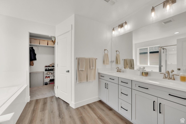 12297 S Boggs Way, Herriman, UT 84096 - full bathroom featuring wood finished floors, a stall shower, double vanity, a bath, and a walk in closet