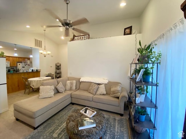 1052 S Canyon Meadows Dr Unit 4, Provo, UT 84606 - living room featuring a ceiling fan, lofted ceiling, a chandelier, and recessed lighting