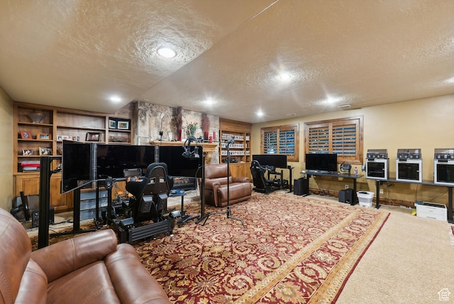5964 S Ragsdale Dr E, Murray, UT 84121 - living room with a textured ceiling, carpet floors, an office area, and built in features