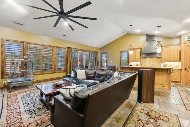 5964 S Ragsdale Dr E, Murray, UT 84121 - living area with ceiling fan and high vaulted ceiling