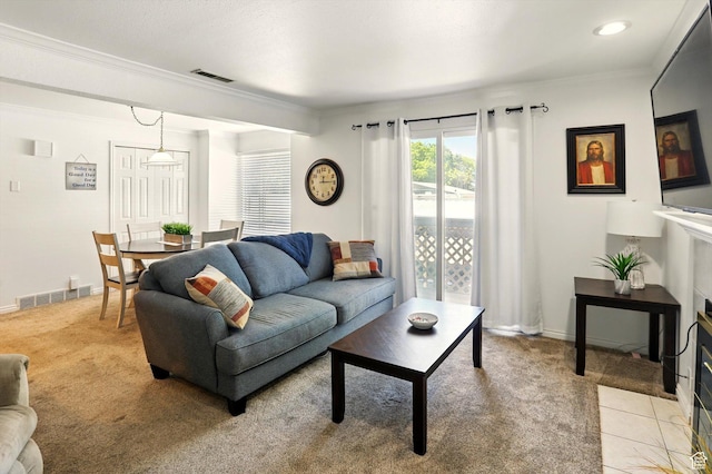 875 E Arrowhead Ln S Unit 3, Murray, UT 84107 - living room featuring light colored carpet, crown molding, and baseboards