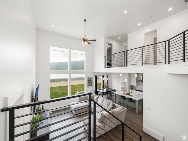 4823 N Canaan Peak Dr W, Eagle Mountain, UT 84005 - stairs with a high ceiling, ceiling fan, recessed lighting, and wood finished floors