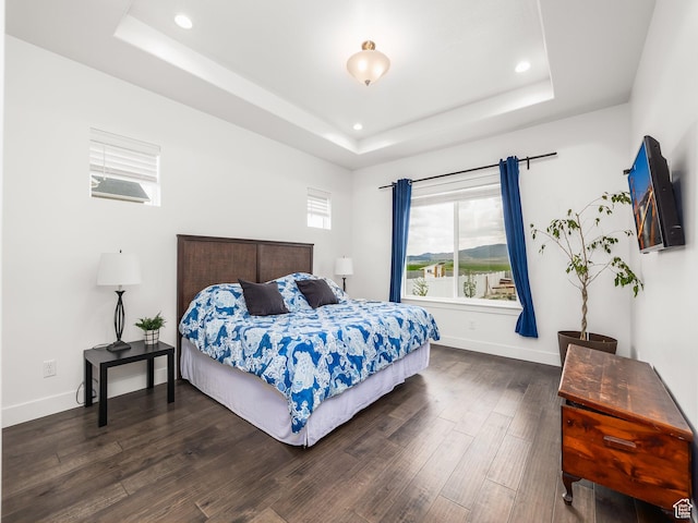 4823 N Canaan Peak Dr W, Eagle Mountain, UT 84005 - bedroom featuring a tray ceiling, recessed lighting, dark wood-style floors, and baseboards