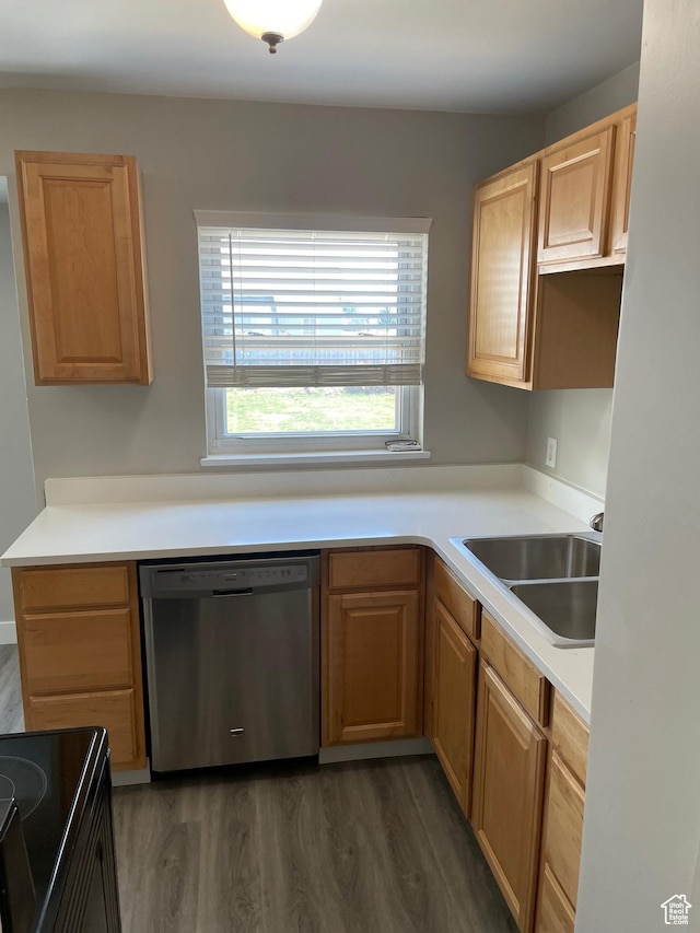 197 Ross Dr Lot 6, Clearfield, UT 84015 - kitchen with dishwasher, a sink, dark wood-style floors, light countertops, and black range with electric cooktop
