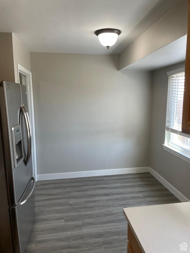 197 Ross Dr Lot 6, Clearfield, UT 84015 - kitchen with stainless steel fridge, dark wood finished floors, baseboards, and light countertops