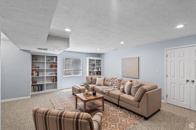 10616 S Topview Rd Unit 152, South Jordan, UT 84009 - living area featuring carpet flooring, a textured ceiling, baseboards, recessed lighting, and built in features
