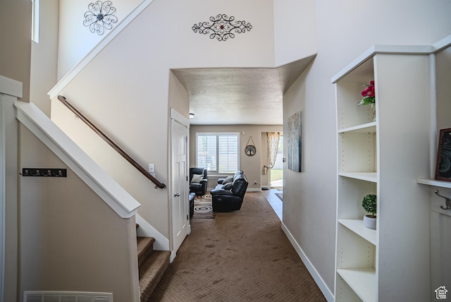 3907 W Tottori Dune Dr S, South Jordan, UT 84095 - hall featuring stairway, carpet flooring, baseboards, and a high ceiling
