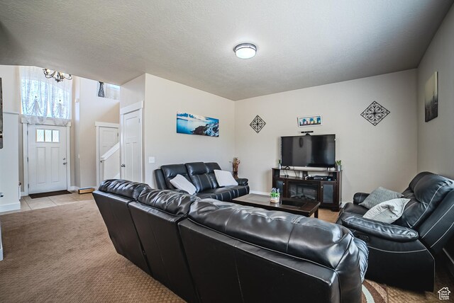 3907 W Tottori Dune Dr S, South Jordan, UT 84095 - living room with a chandelier, light colored carpet, and light tile patterned flooring