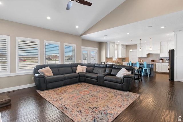 495 E 100 S, Centerfield, UT 84622 - living room with dark wood finished floors, a ceiling fan, baseboards, recessed lighting, and high vaulted ceiling