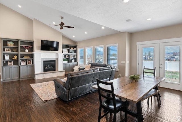 495 E 100 S, Centerfield, UT 84622 - dining space with plenty of natural light, dark wood-style floors, ceiling fan, vaulted ceiling, and a glass covered fireplace