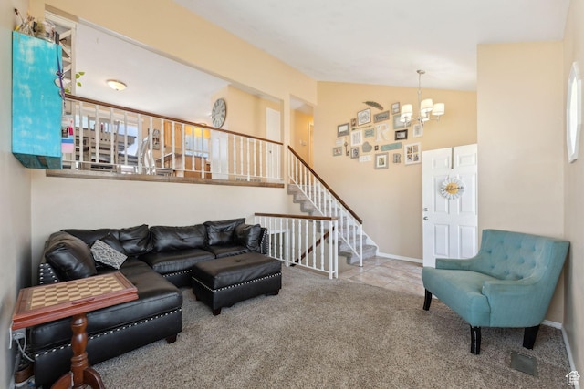 5748 S 3975 W, Roy, UT 84067 - living area featuring carpet floors, a chandelier, lofted ceiling, stairs, and baseboards