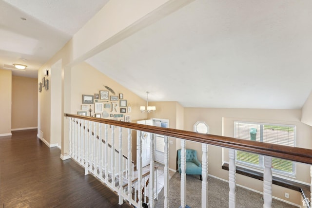 5748 S 3975 W, Roy, UT 84067 - hall with an upstairs landing, a chandelier, baseboards, wood finished floors, and vaulted ceiling