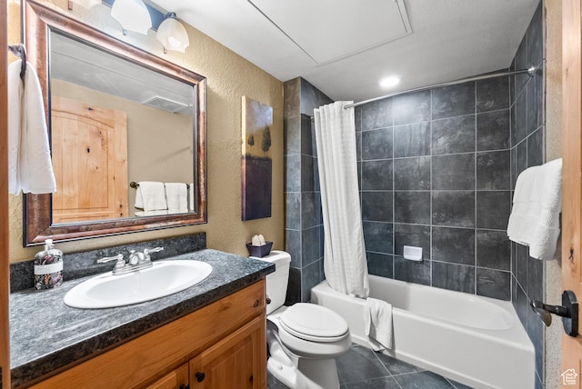 2669 Canyons Resort Dr Unit 304A, Park City, UT 84098 - full bath with a textured wall, vanity, tile patterned flooring, shower / bath combo with shower curtain, and toilet