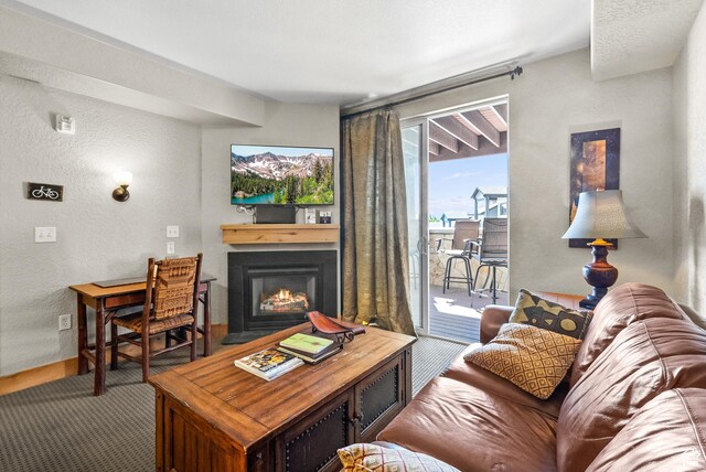 2669 Canyons Resort Dr Unit 304A, Park City, UT 84098 - living area featuring a glass covered fireplace, carpet flooring, a textured wall, and baseboards