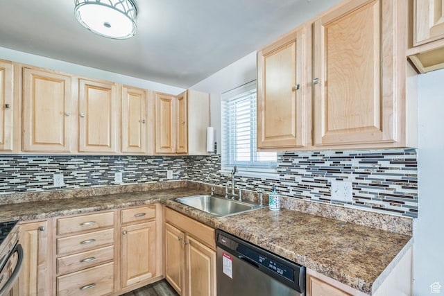 5230 S 5200 W, Kearns, UT 84118 - kitchen with light brown cabinetry, stainless steel appliances, a sink, and backsplash