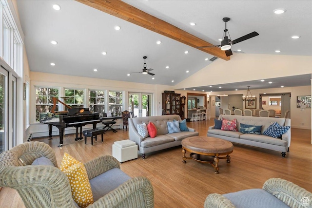 971 E Village Way, Alpine, UT 84004 - living area with ceiling fan, beamed ceiling, light wood-type flooring, high vaulted ceiling, and recessed lighting