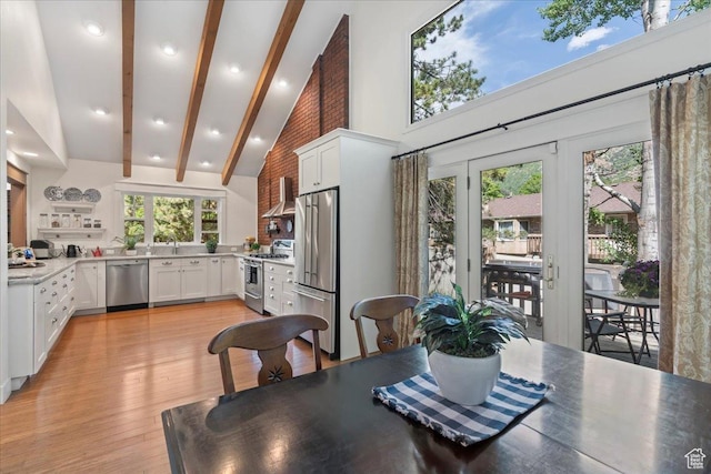 971 E Village Way, Alpine, UT 84004 - dining area with beamed ceiling, french doors, high vaulted ceiling, light wood-style floors, and recessed lighting