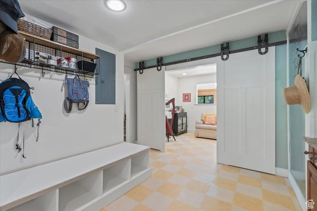 971 E Village Way, Alpine, UT 84004 - mudroom featuring a barn door, light flooring, electric panel, recessed lighting, and baseboards