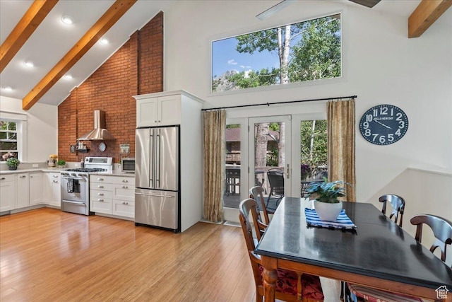 971 E Village Way, Alpine, UT 84004 - kitchen with high quality appliances, high vaulted ceiling, wall chimney range hood, beam ceiling, and white cabinets