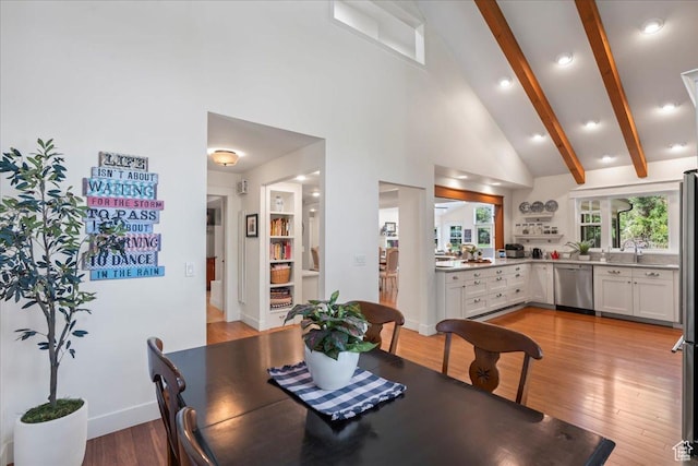 971 E Village Way, Alpine, UT 84004 - dining room with light wood-style flooring, beamed ceiling, baseboards, high vaulted ceiling, and recessed lighting