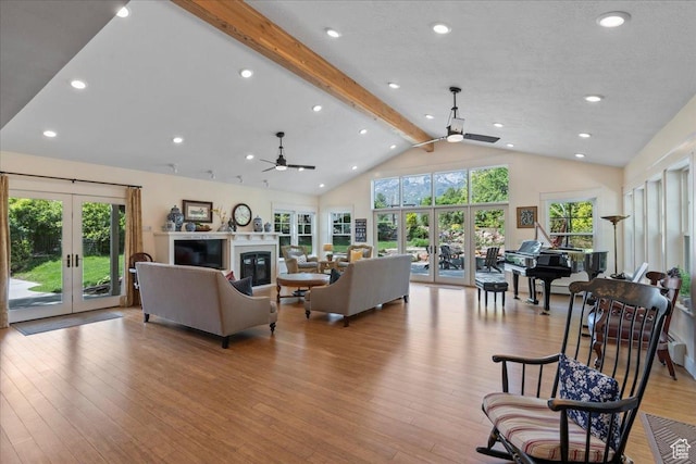 971 E Village Way, Alpine, UT 84004 - living room with french doors, a ceiling fan, beamed ceiling, healthy amount of natural light, and high vaulted ceiling