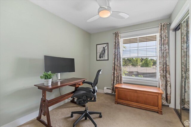 971 E Village Way, Alpine, UT 84004 - home office with light colored carpet, ceiling fan, baseboards, and a baseboard radiator