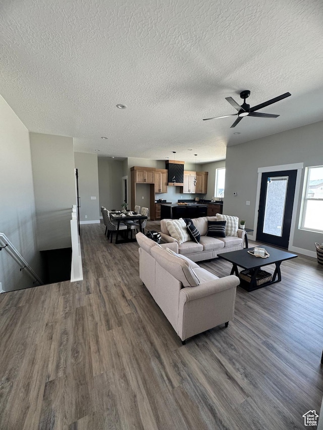 565 E Otto Ln Unit 421, Grantsville, UT 84029 - living area with dark wood finished floors, plenty of natural light, a textured ceiling, baseboards, and ceiling fan