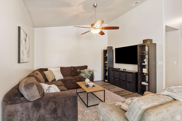 1135 Surrey Dr, North Salt Lake, UT 84054 - living area featuring lofted ceiling, wood finished floors, and a ceiling fan