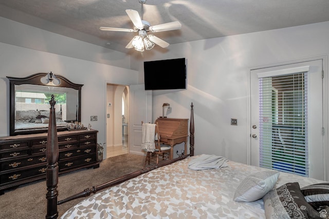 576 S Fiesta Dr, Ivins, UT 84738 - bedroom featuring carpet flooring, access to outside, a ceiling fan, and arched walkways