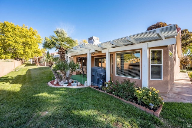 576 S Fiesta Dr, Ivins, UT 84738 - rear view of property featuring a pergola, stucco siding, a chimney, and a patio