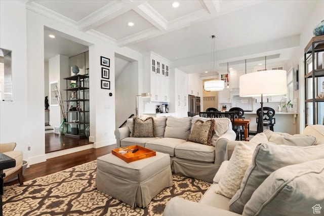 848 S Greenwood Ter E, Salt Lake City, UT 84105 - living room with dark wood-style flooring, ornamental molding, beam ceiling, baseboards, and coffered ceiling